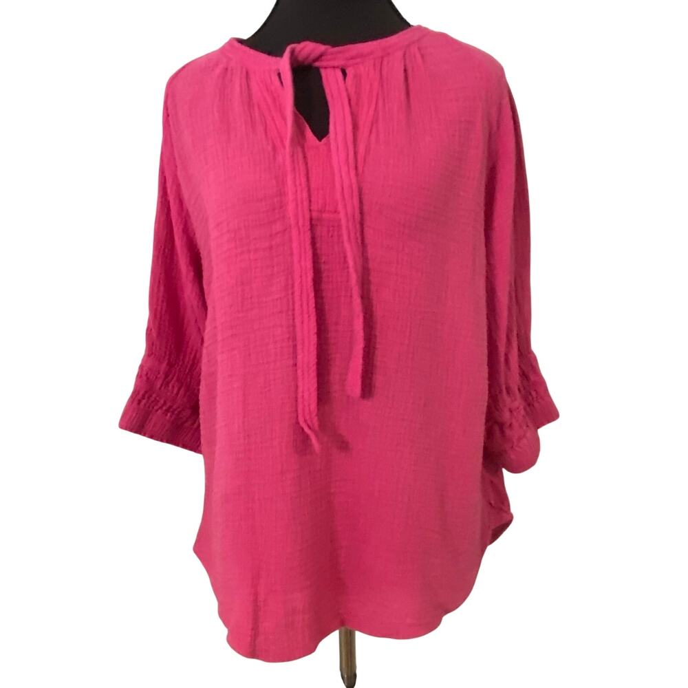 Good Hart Pink Double Gauze Cotton Peasant Boho Tie Neck Blouse Medium